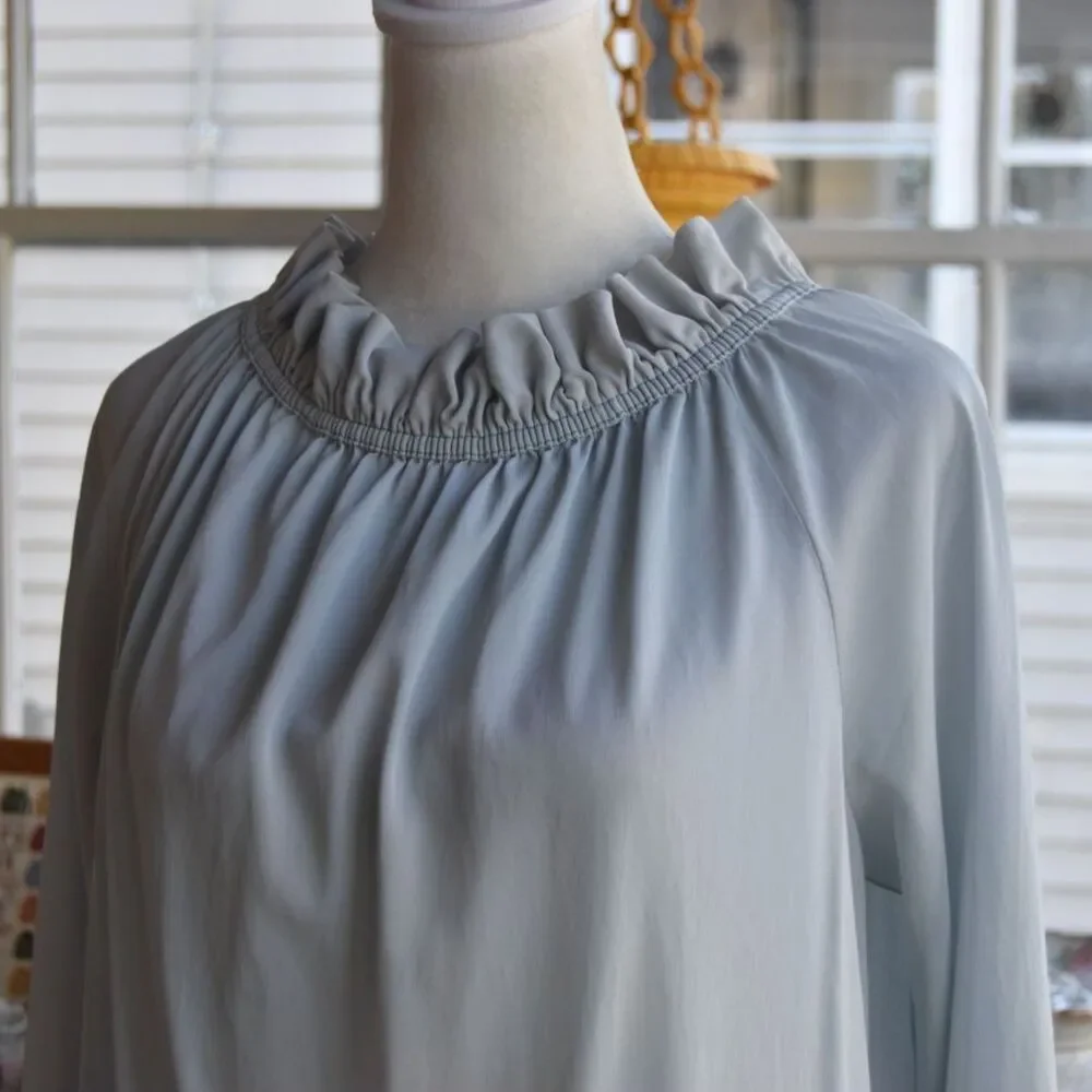 Vintage 70s Blue Prairie Nightgown Maxi Dress Ruffle Collar Boho L XL